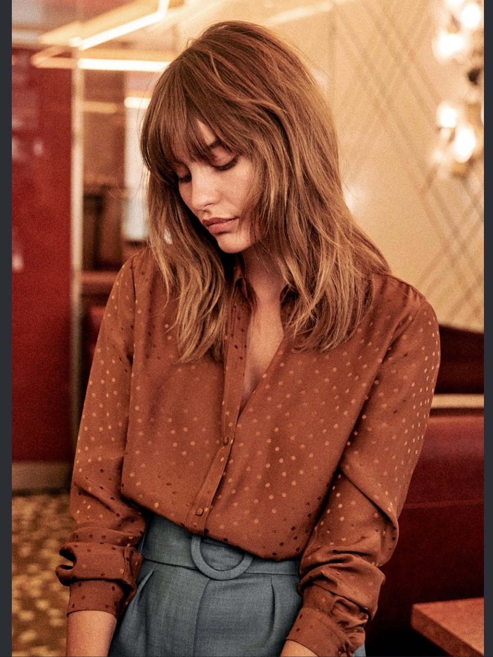 Sezane Rust Brown Dot Silk Button-Down Blouse